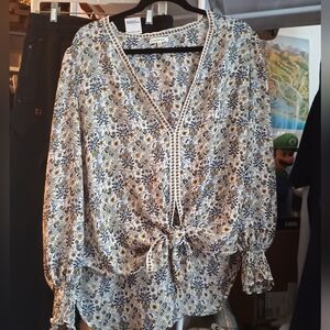 Max Studio Blue and Cream Floral Bohemian Blouse